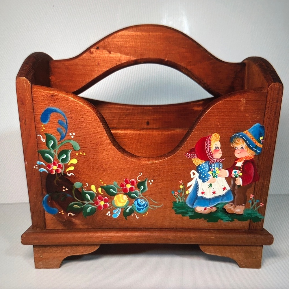 Folk Art Hand-Painted Wooden Carry Caddy with Children Motif - Picture 2 of 10